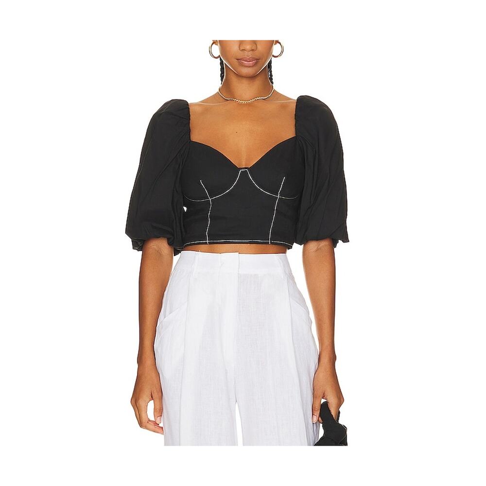 Jonathan Simkhai Standard 'Brene' Black Linen Puff Sleeve Bustier Top Size S